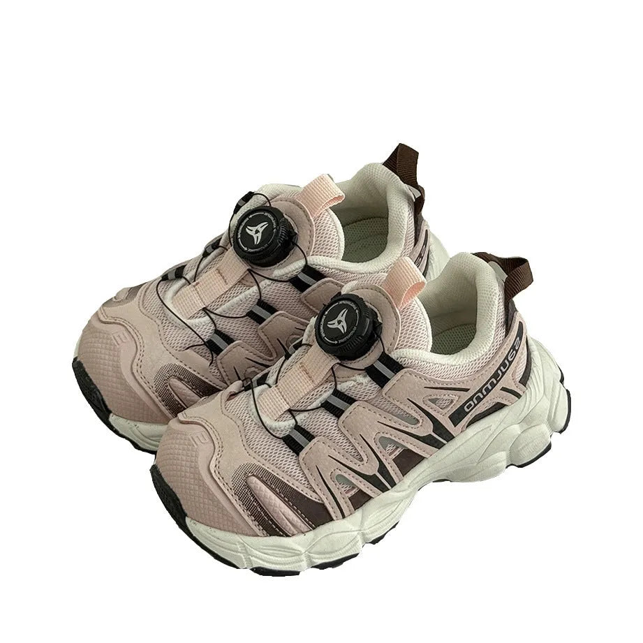 PU leather mesh casual trainers in black, beige, or pink on a white background.