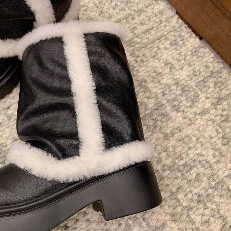 Women's winter faux fur lined short ankle booties with thick bottom and plush trim in black and brown