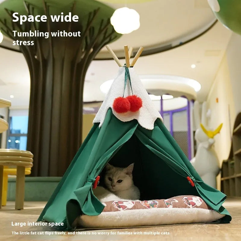 Semi-closed cloth cat house for indoor cats, shown in brown and white mat options.