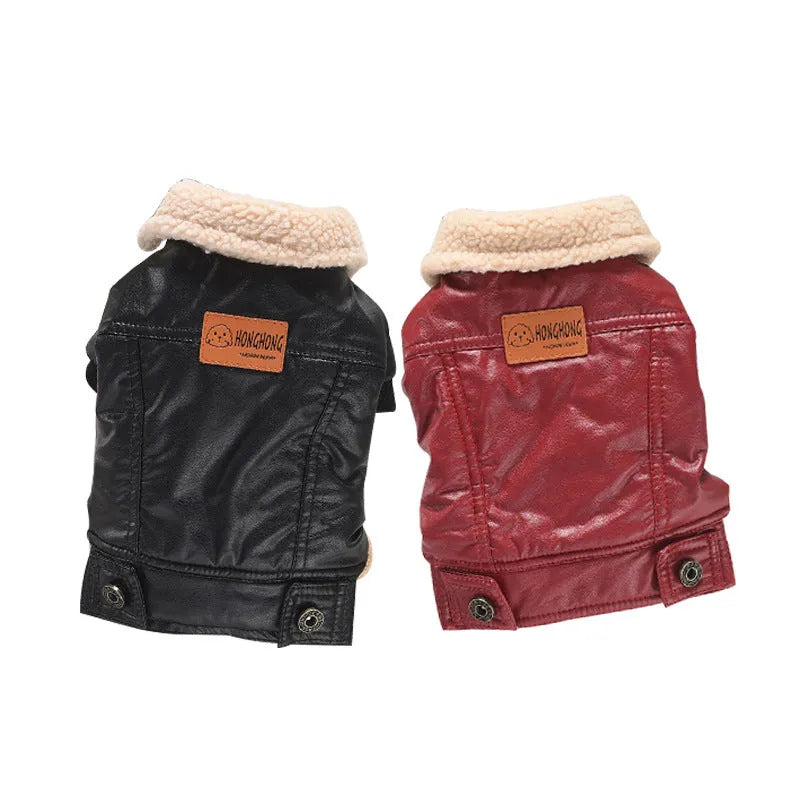 Red PU leather pet coat with two-legged design and fleece lining for small dog winter warmth