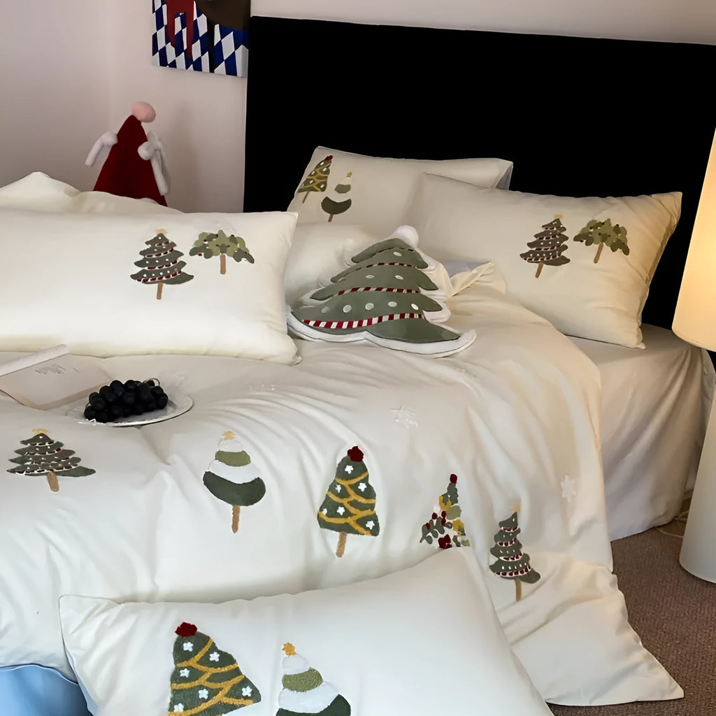 Pure cotton four-piece bedding set with embroidered Christmas tree towel decoration on duvet cover.