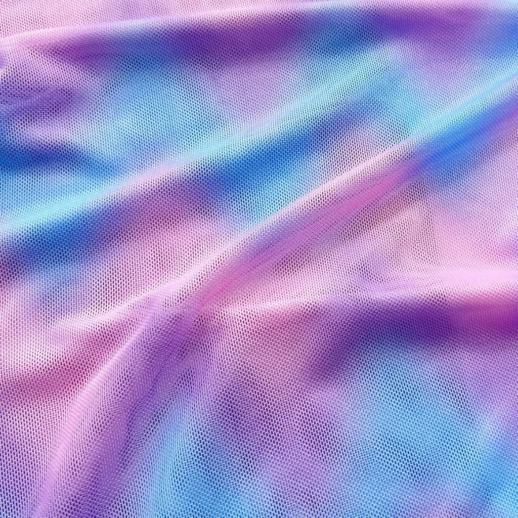 Women's tie-dye bikini swimsuit set with a skirt, bra, and matching briefs.