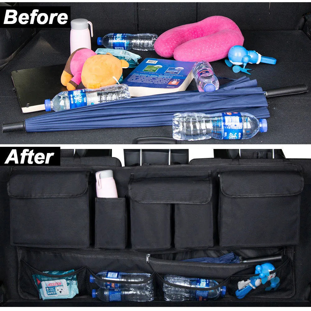 Black car boot hanging storage organiser with waterproof Oxford cloth construction and seat back attachment