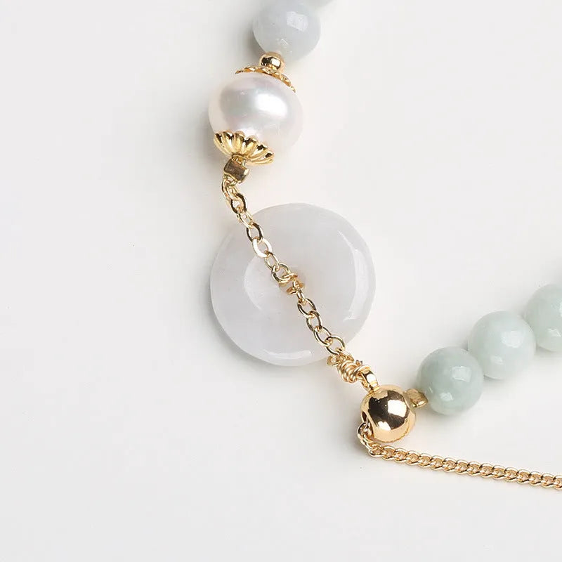 Natural emerald jade pearl bracelet with geometric peace buckle pendant and Chinese national style design
