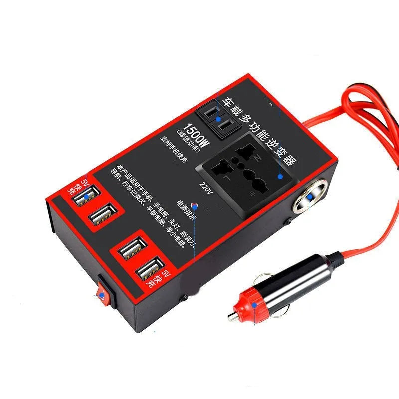 Black automotive power converter with 220V socket and four USB ports for 12V/24V vehicle systems