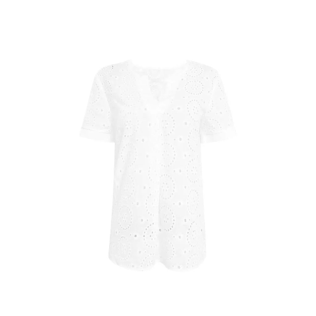 White women's loose fit T-shirt with a V-neck, short sleeves, and a hollow-out pattern detail.