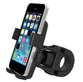 Black ABS plastic bicycle mobile phone holder with a security strap, mounted on bike handlebars.