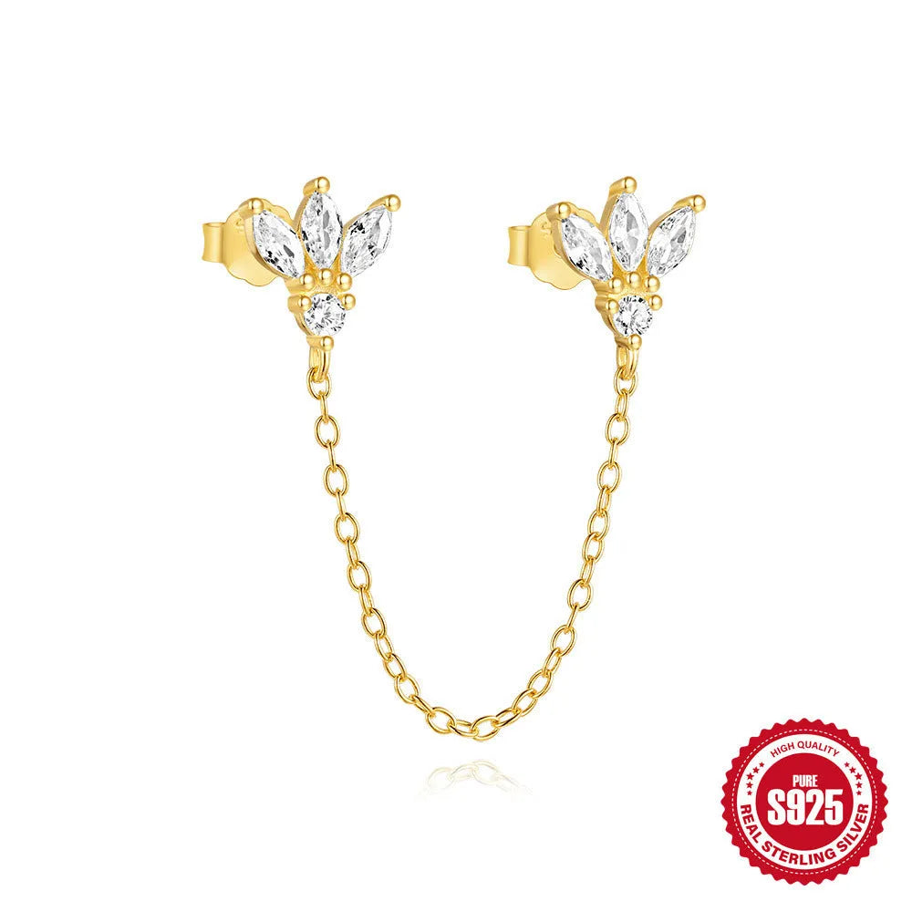S925 sterling silver geometric chain stud earrings in gold finish with inlaid zircon details
