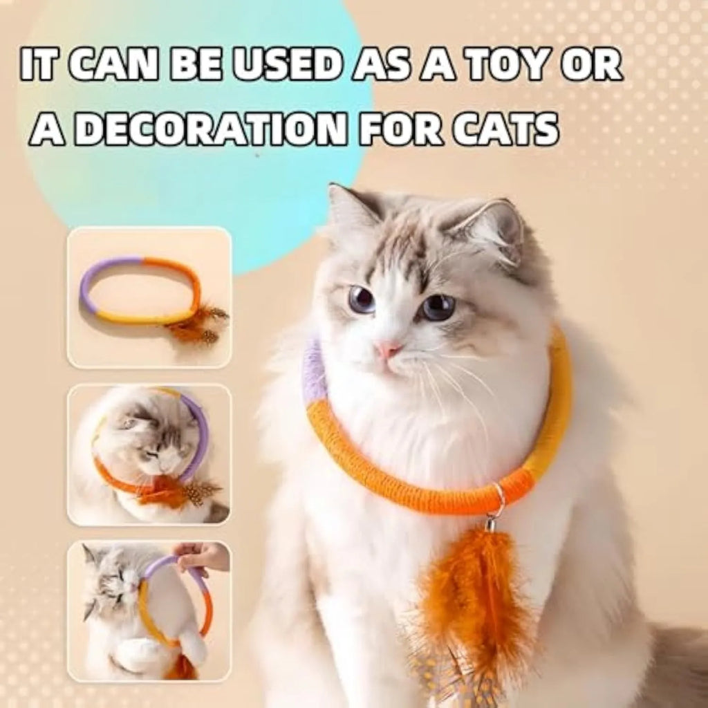 Green circular cotton rope cat toy with feathers and catnip for chewing and interactive play.