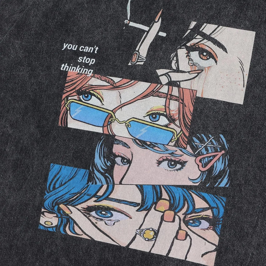 Men's loose fit cotton T-shirt with cartoon print in washed black colour