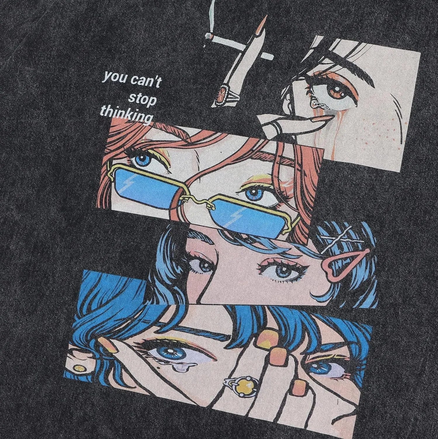 Men's loose fit cotton T-shirt with cartoon print in washed black colour