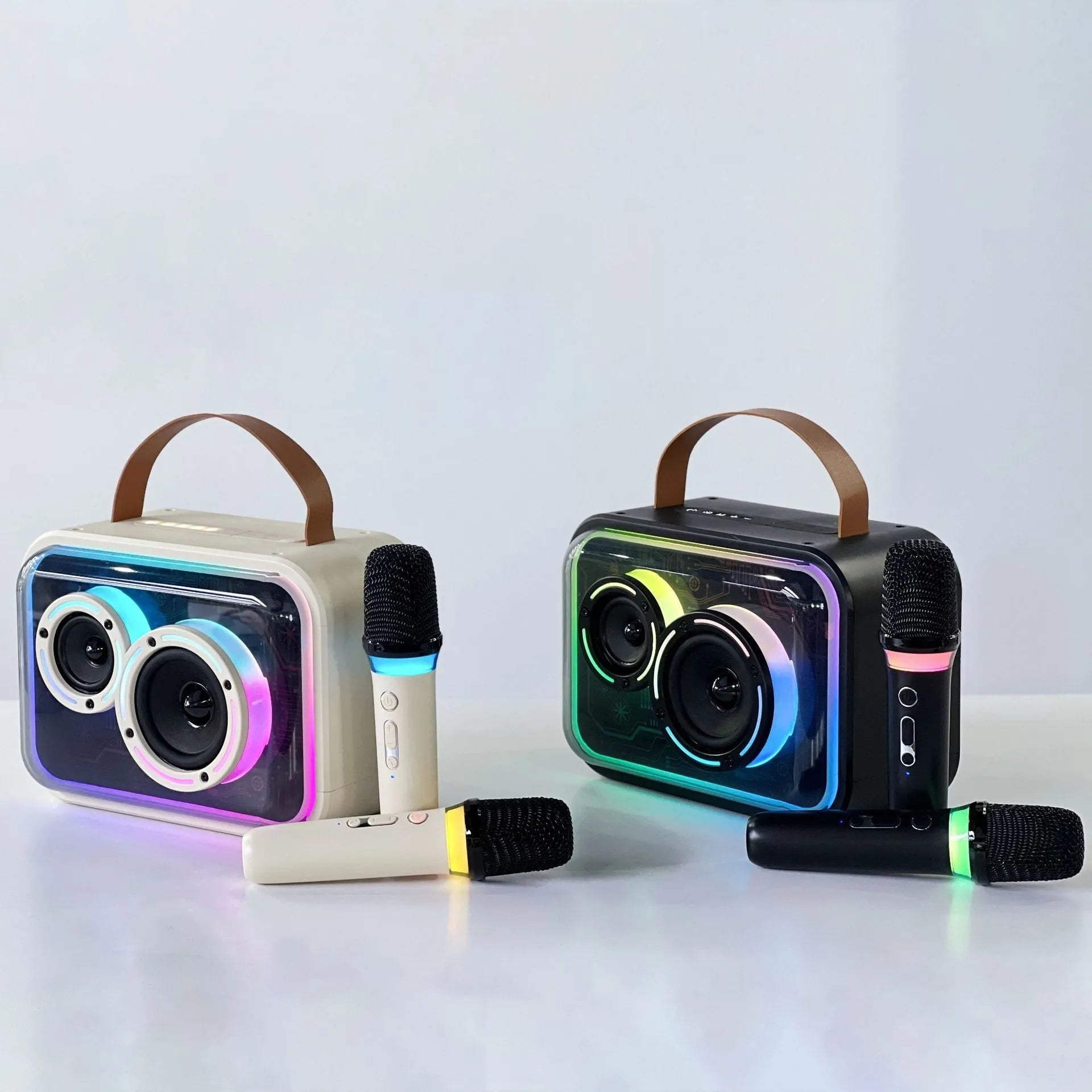 Bluetooth portable karaoke speaker with RGB lighting in black or light yellow colour