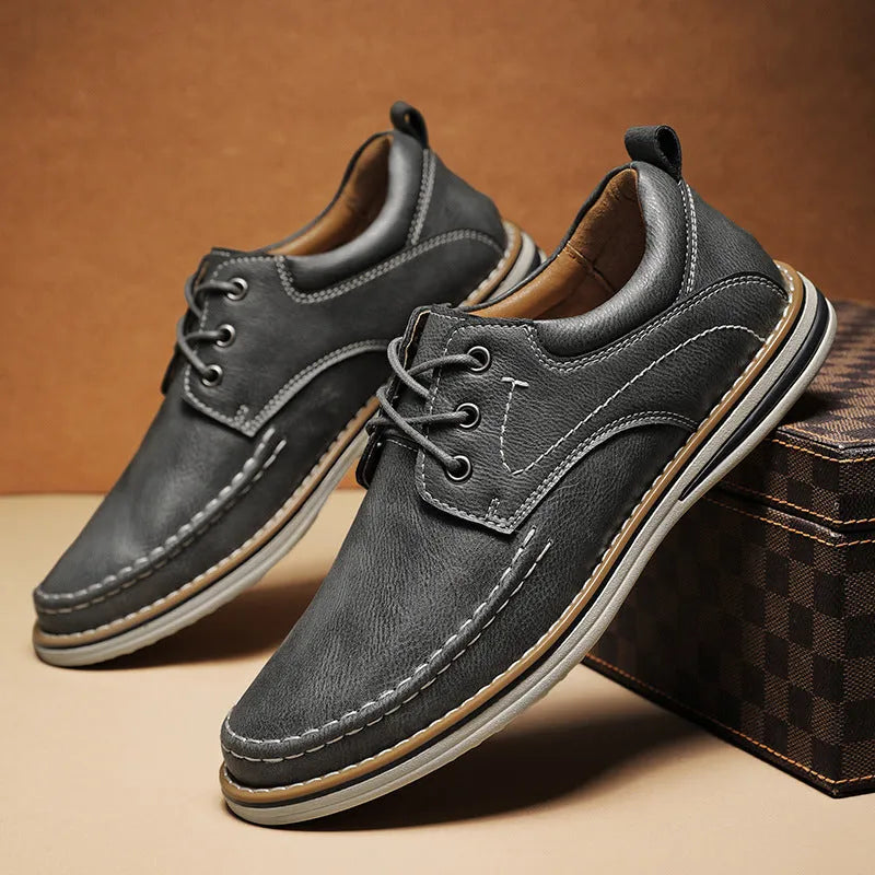 Men's black genuine leather casual lace-up shoes with round toe and low rubber sole