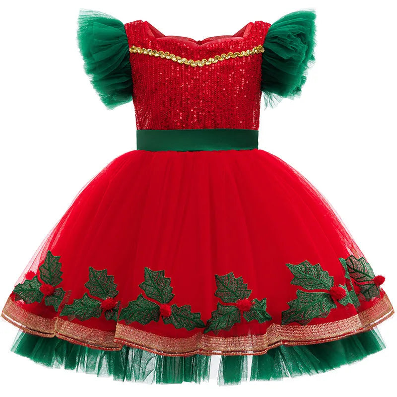 Children's colour-blocking princess dress with lace in D1557 red on a child aged 8-10, polyester fabric, full-length view