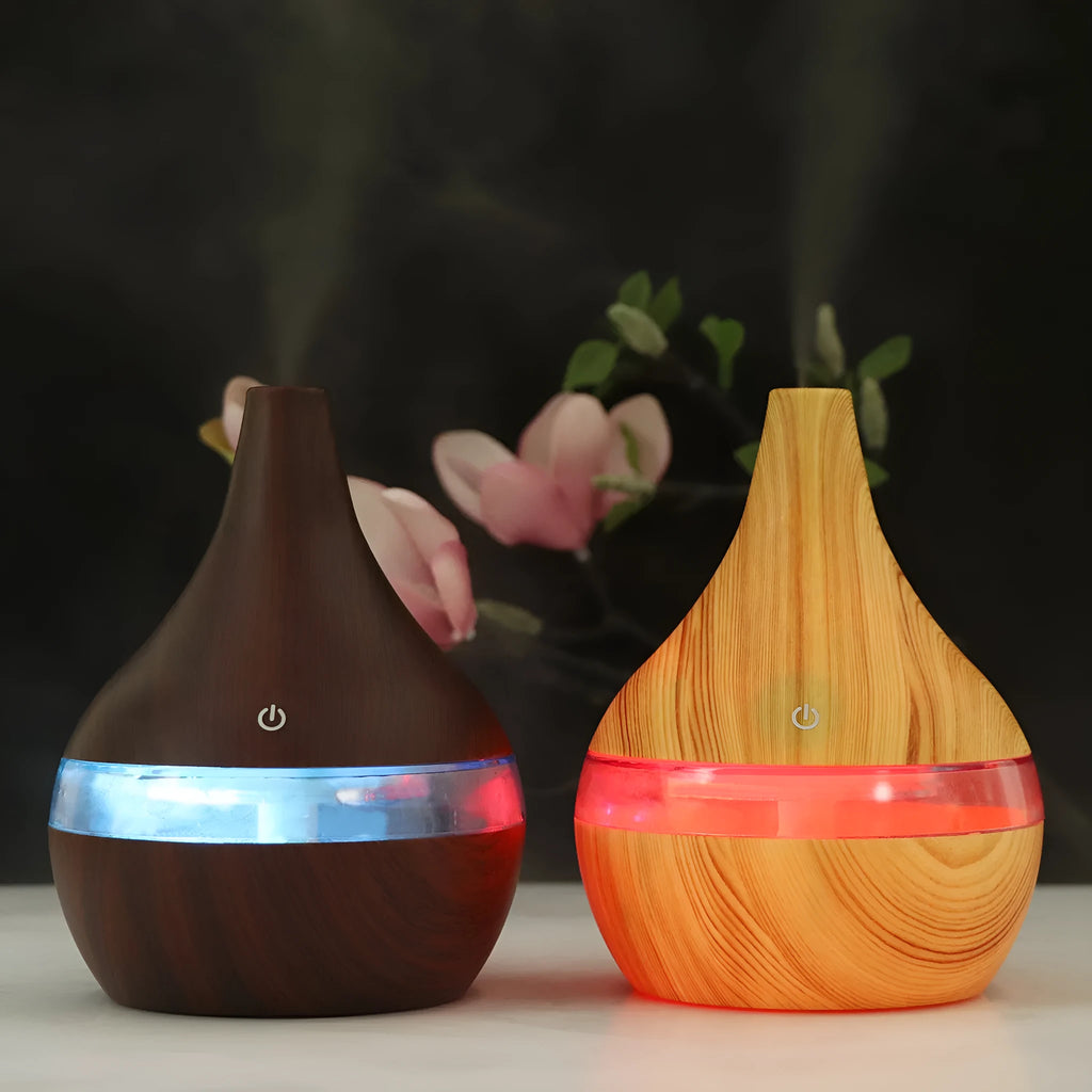 USB-powered mini air purifier humidifier in a wood grain columnar design for small rooms.