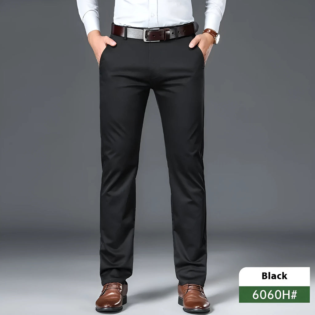 Men's non-iron straight leg trousers in four colours with waist size range 28-42
