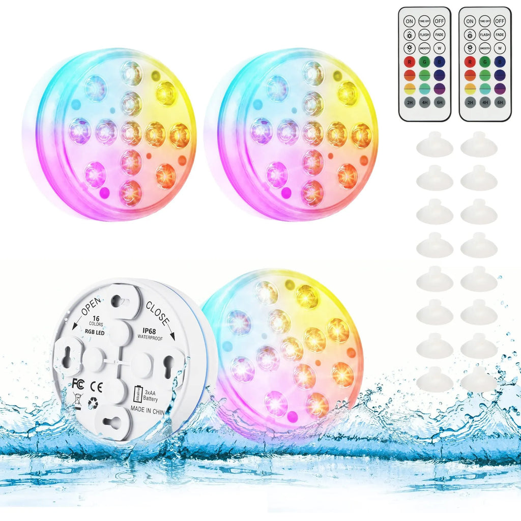 Remote control colour-changing underwater LED light with IP68 waterproof rating in a compact 7cm by 3cm ABS case.