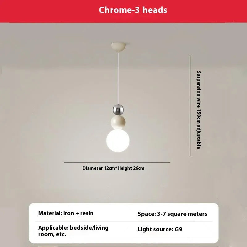 Cream Nordic pendant chandelier with 2 heads, chrome finish, for bedroom dining room 220V
