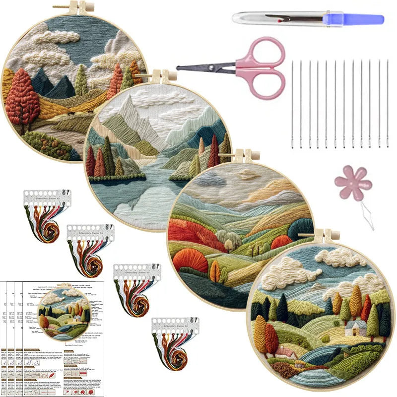 Embroidery DIY kit with cotton linen fabric, bamboo hoop, threads, and needles for landscape designs.