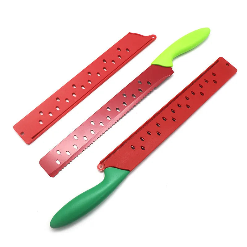 Stainless steel watermelon cutter knife 43.5cm long with flat finish on light background