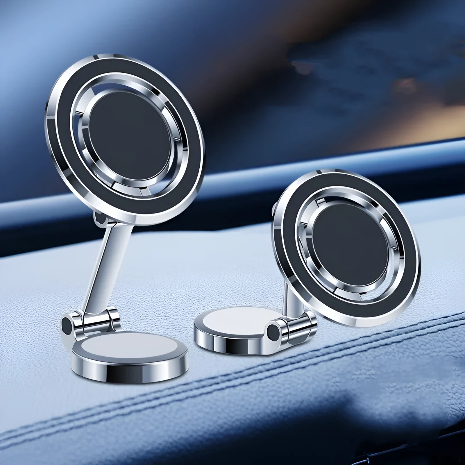 Black car dashboard phone holder with magnetic mount and 360-degree rotating bracket