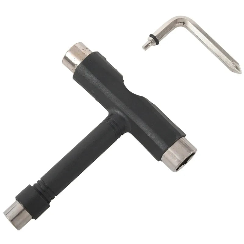 Steel skateboard T-wrench with 9.5mm 13mm 14mm sockets and plastic edging handle