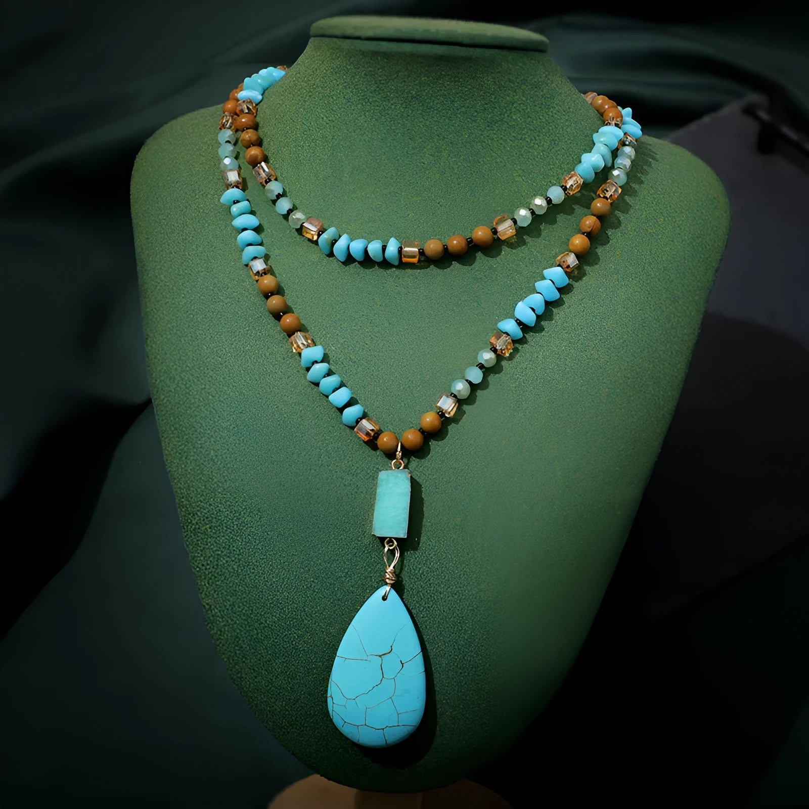 Turquoise water drop pendant necklace with ball bead chain and geometric designs