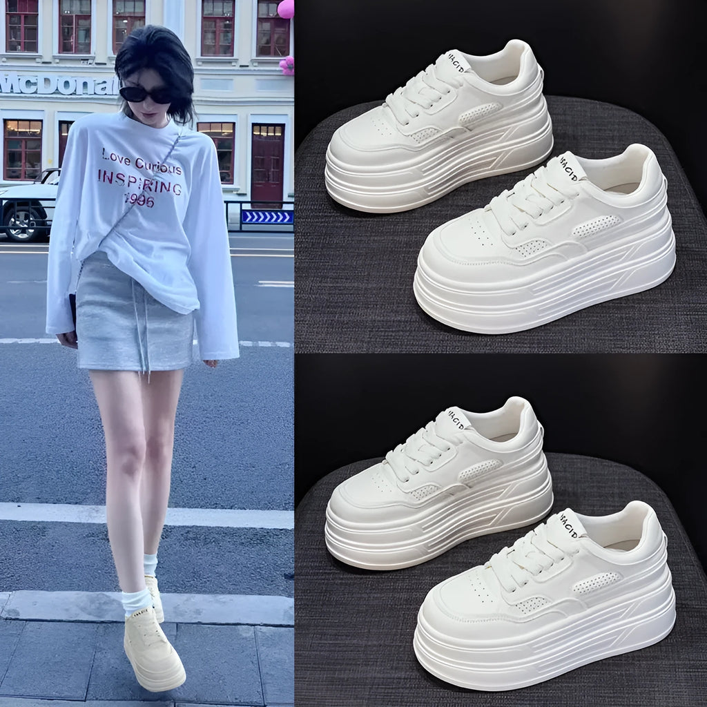 Women's beige platform casual shoes lace-up round toe low top with 6-8cm high heel