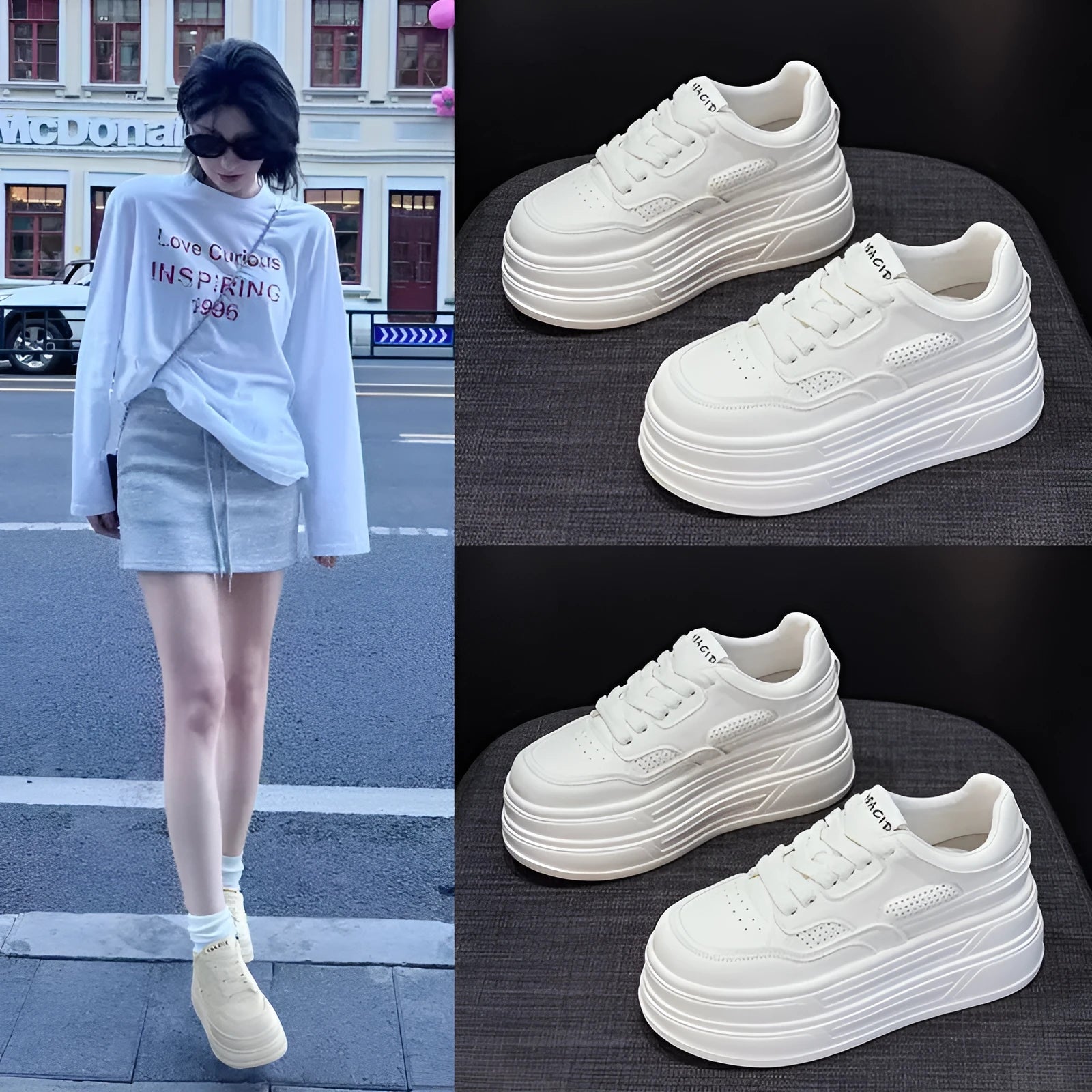 Women's beige platform casual shoes lace-up round toe low top with 6-8cm high heel