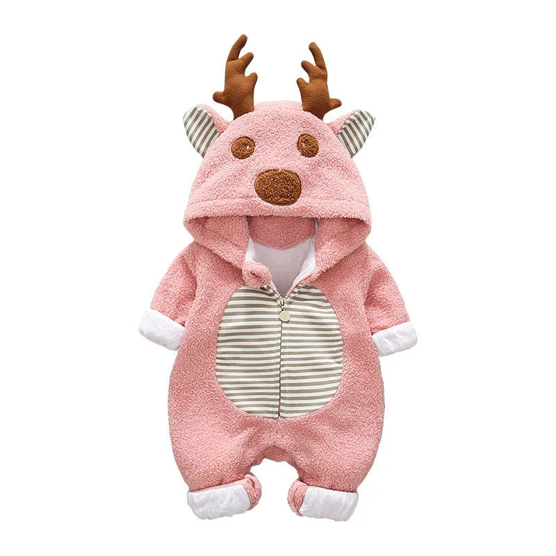 Long sleeve baby romper with lace-up strap closure in khaki, pink, and white colour options.