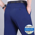 Men's straight-leg business trousers in mulberry silk blend with high-waist design