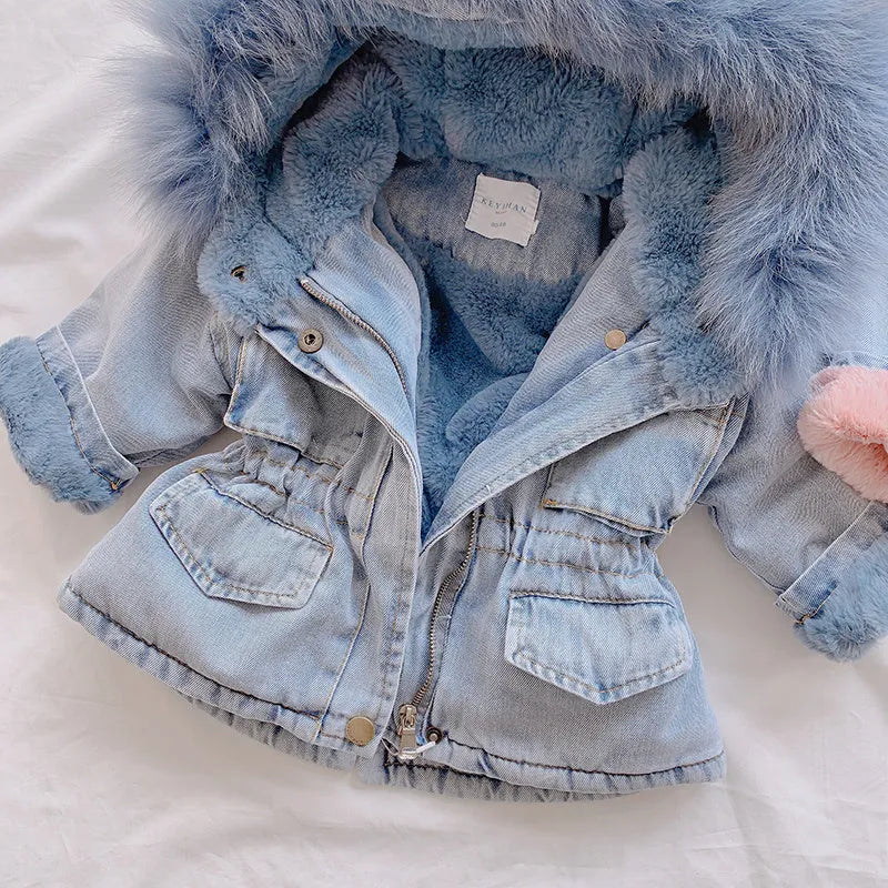 Blue denim coat for a girl with a non-removable hood and pink lining visible.