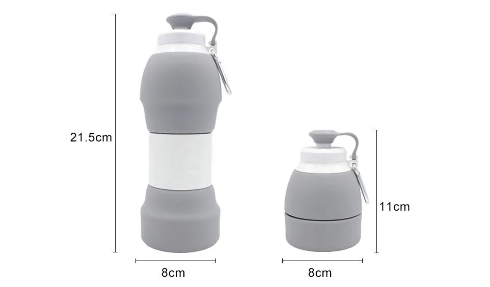 Blue silicone folding water bottle shown extended and collapsed, with 580ml capacity mark.