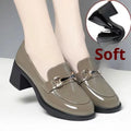 Dark green glossy women's loafers with chunky mid heel, metal buckle, and round toe, sizes 35-40.