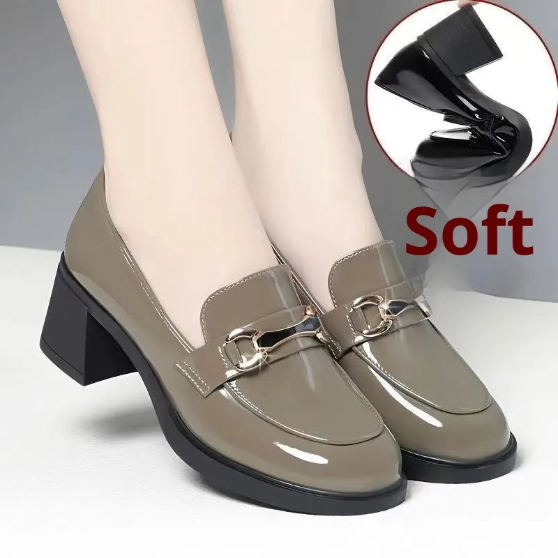 Dark green glossy women's loafers with chunky mid heel, metal buckle, and round toe, sizes 35-40.