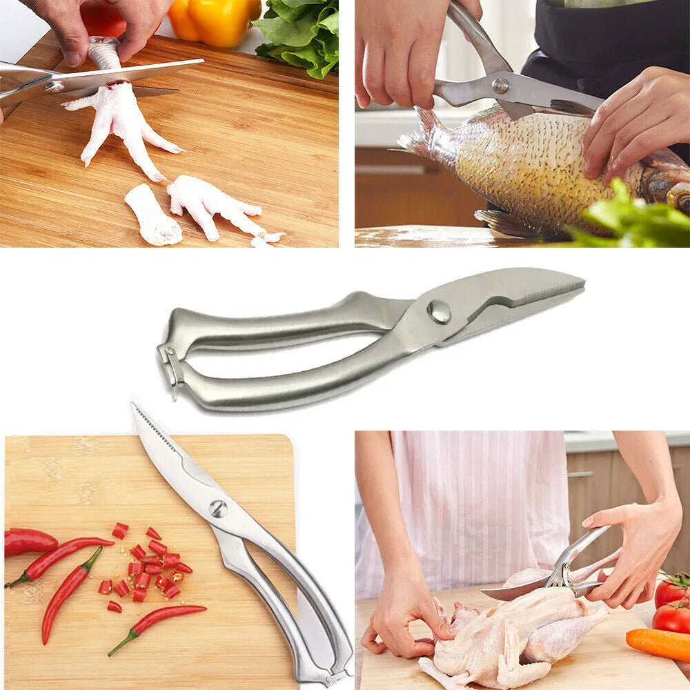 Silver stainless steel poultry shears 9.8 inch with serrated blade and bone notch on cutting board