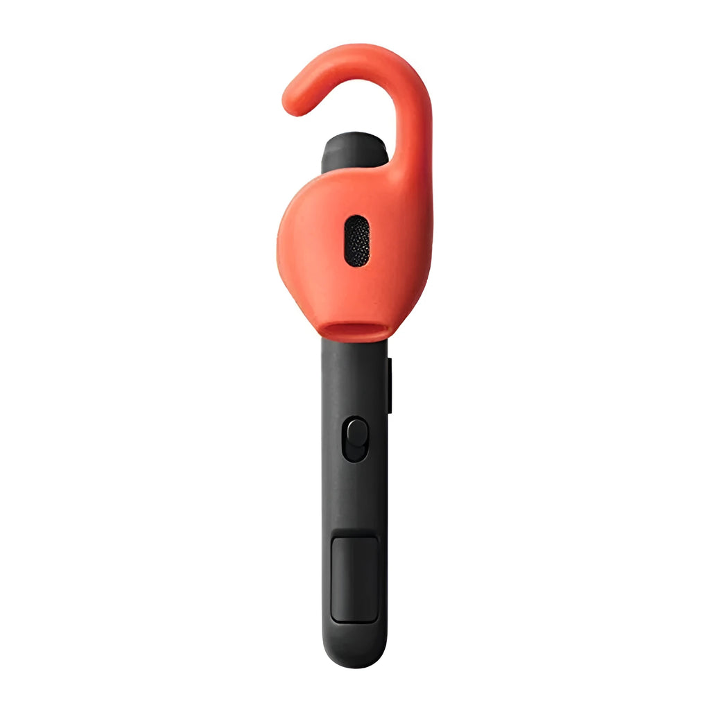 Black behind-the-ear Bluetooth earphones showing dual-phone connectivity and comfortable design