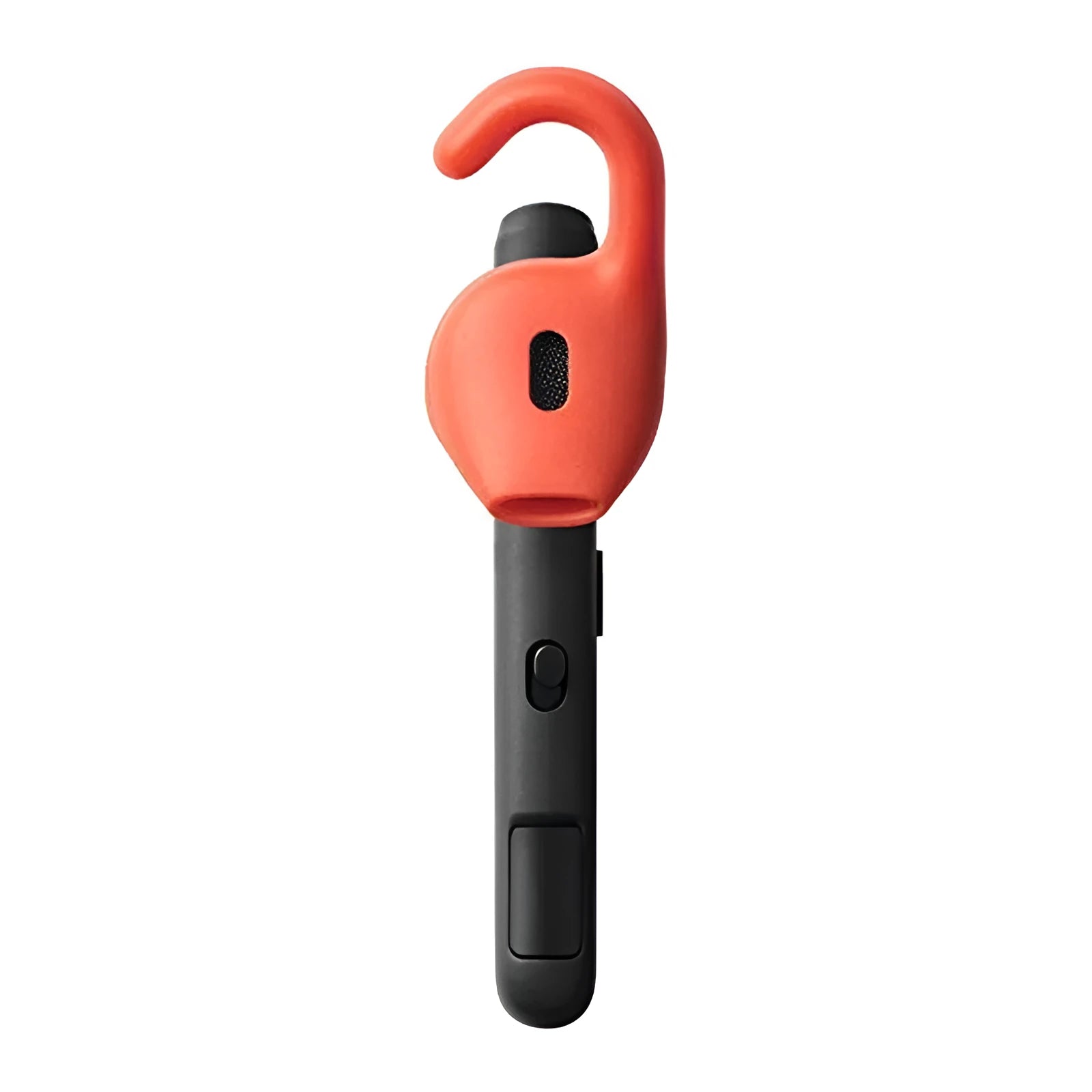 Black behind-the-ear Bluetooth earphones showing dual-phone connectivity and comfortable design