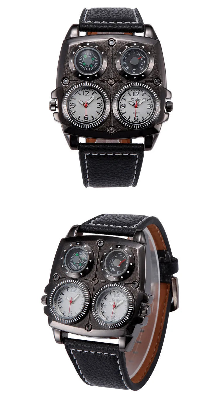 Men's quartz watch with 49mm square alloy case, imitation leather strap, and luminous compass GMT thermometer functions