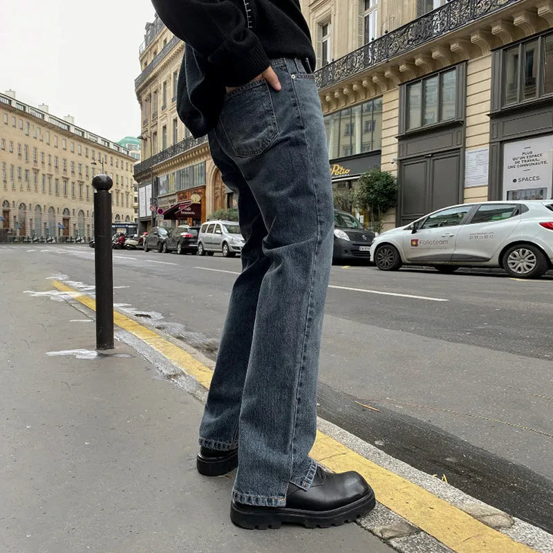 Casual blue-grey loose straight leg pants with side slits for women autumn mid waist tether closure