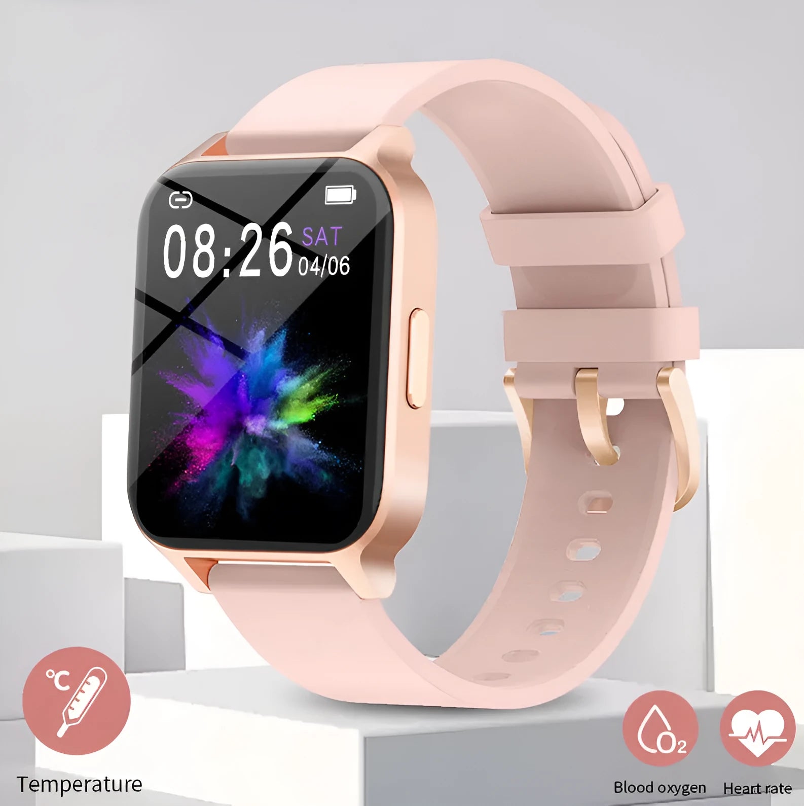 Smart colour screen health detection watch with TFT touch display in black or rose gold with mesh or tape strap options