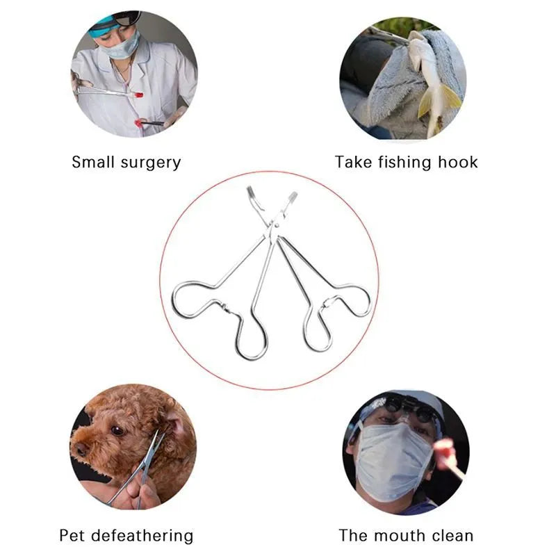 Silver stainless steel pet ear cleaning tweezers with an ergonomic anti-slip handle.
