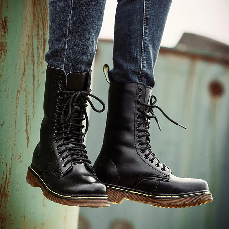 Men's black leather lace-up casual shoes with round toe and flat heel.