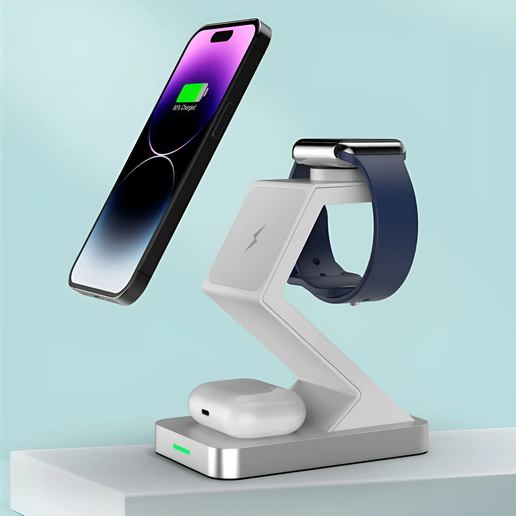 Three in one magnetic wireless charger phone holder with Type-C interface, shown in black or white, X3 suit model