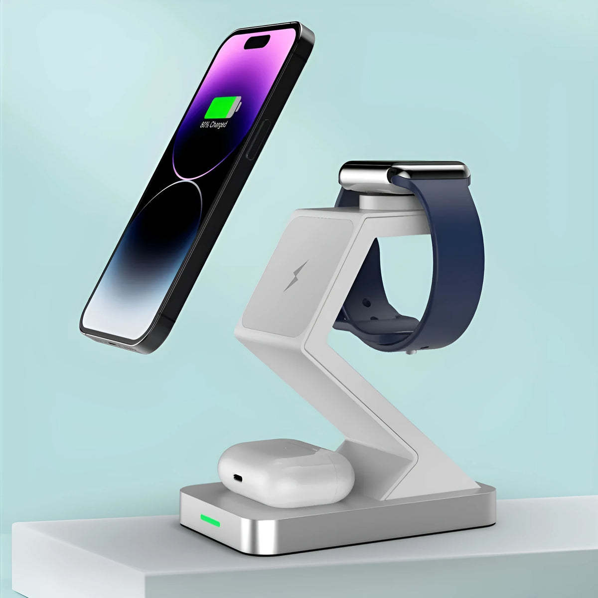 Three in one magnetic wireless charger phone holder with Type-C interface, shown in black or white, X3 suit model