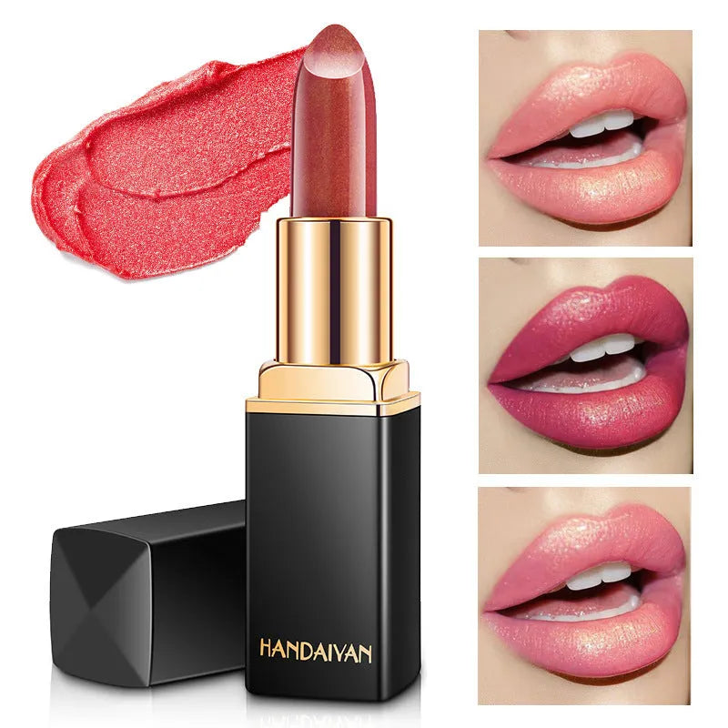 Pearlescent thermochromic lipstick in a standard bullet format with colour-shifting finish, available in nine shades