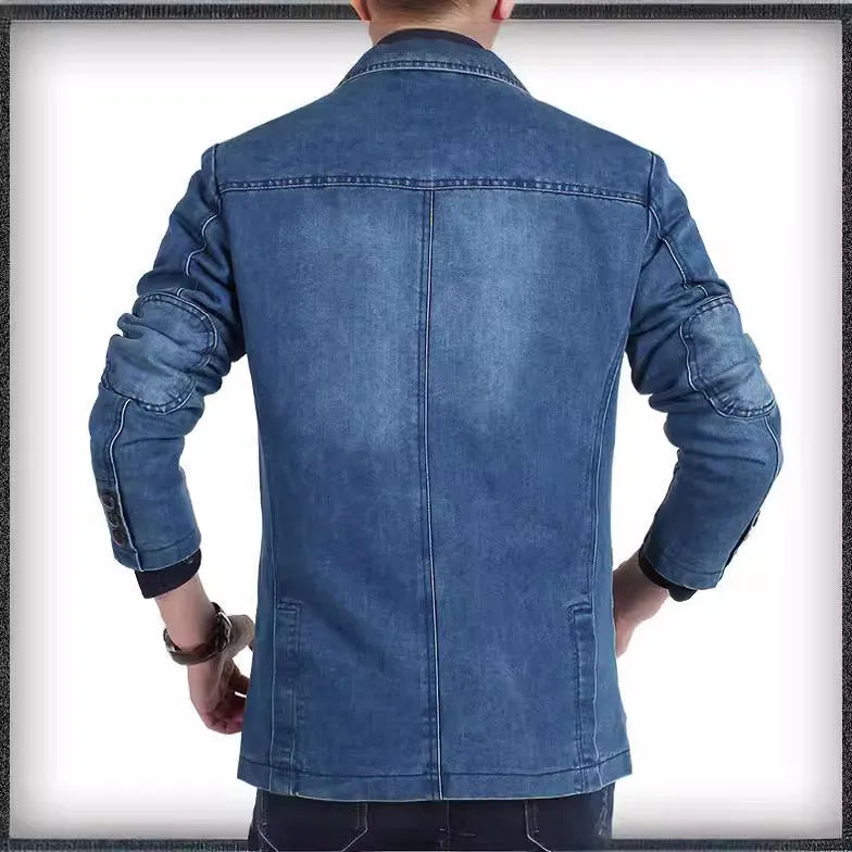 Casual solid colour cotton denim suit jacket for men, slim fit, top patch pockets, light blue