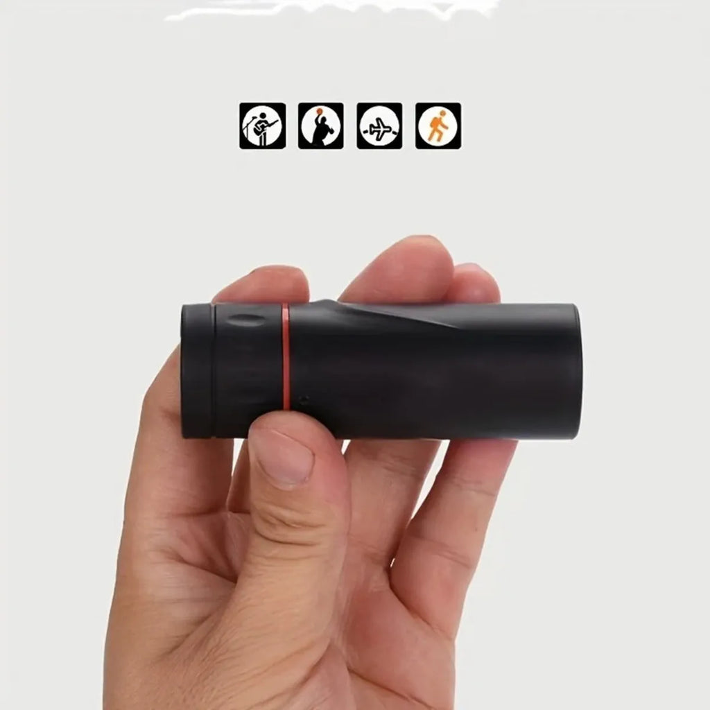 Black monocular telescope with rubber grip and attached mobile phone holder for outdoor observation