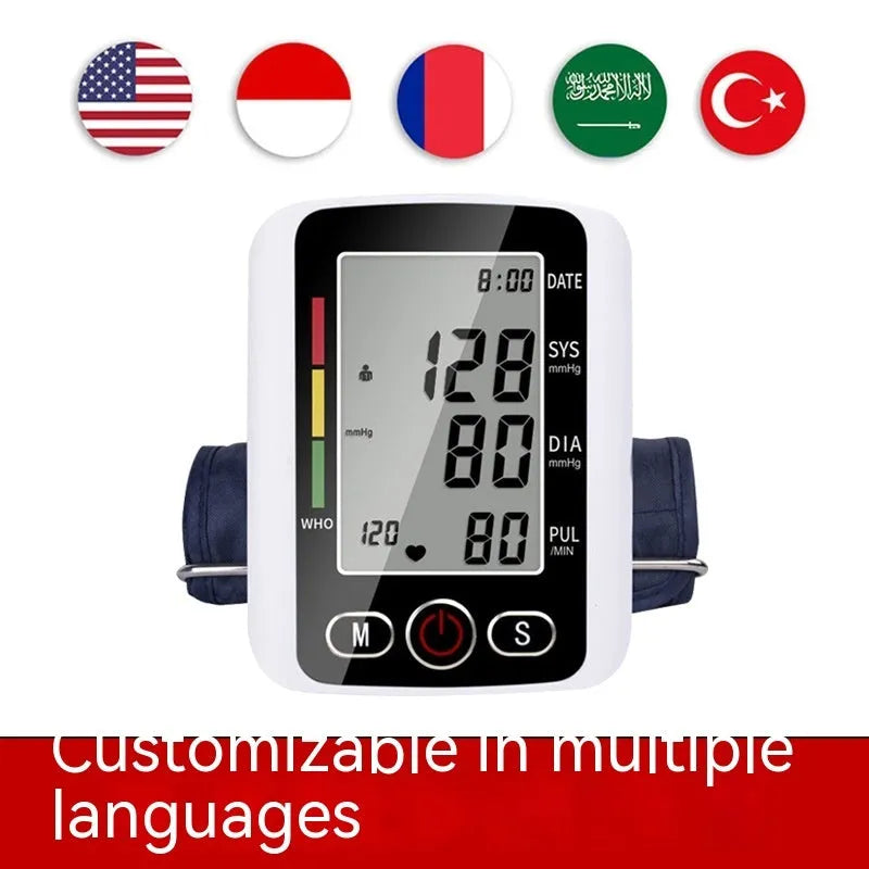 Automatic arm blood pressure monitor with large screen display on a table