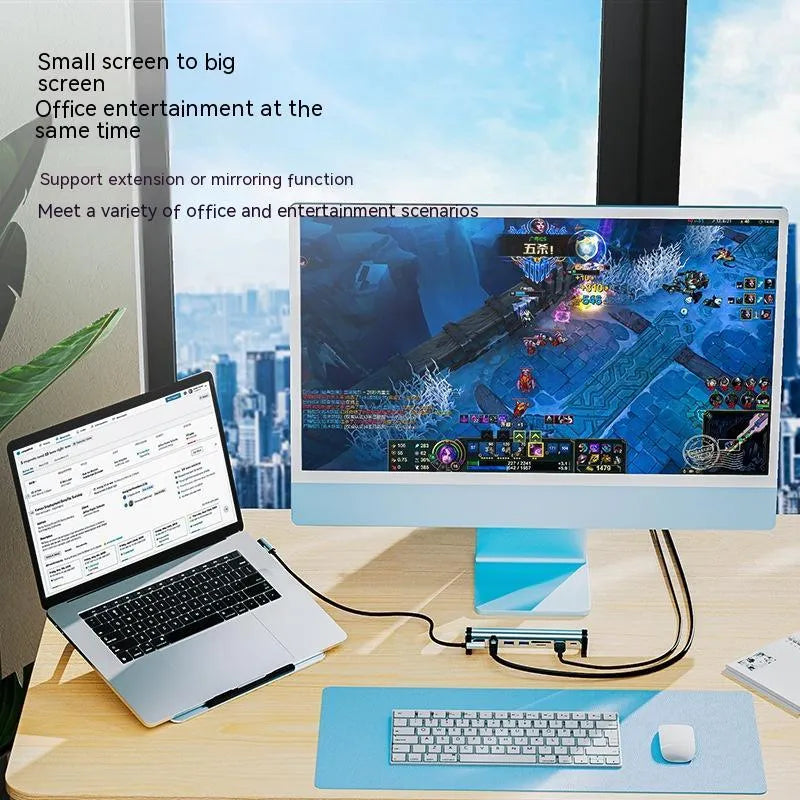 Aluminium notebook docking station bracket with USB 3.0 ports for laptop cable management on desk
